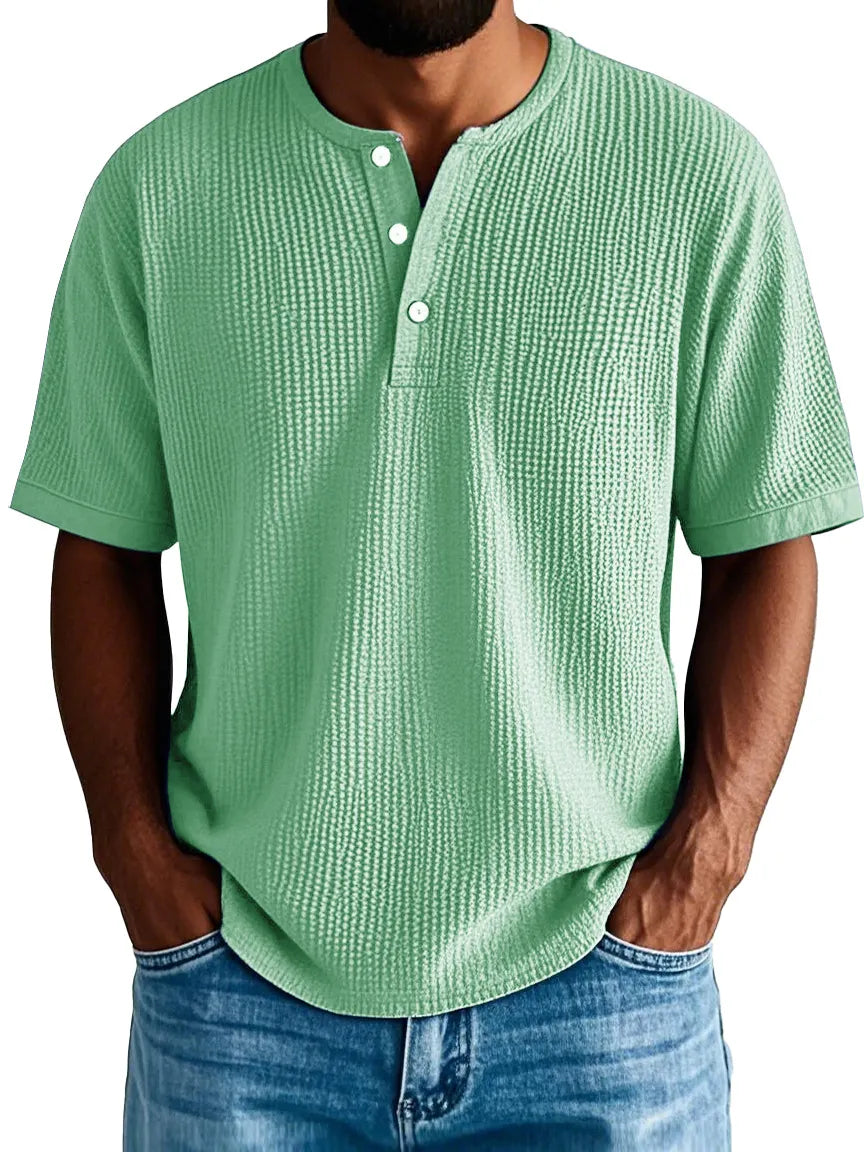 Men's Fashion Casual Pleated Fabric Short-sleeved Vintage Henley Shirt