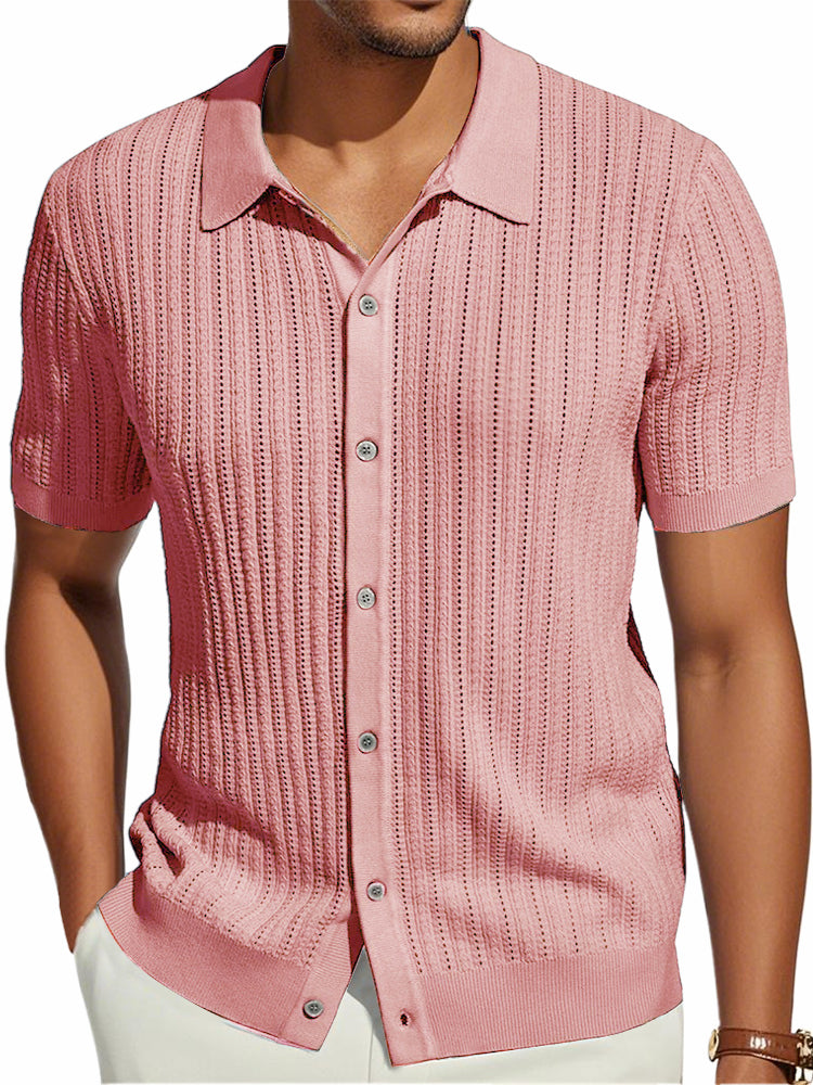Men's Knitted Retro Fashion Striped Stretch Casual Short-sleeved Shirt