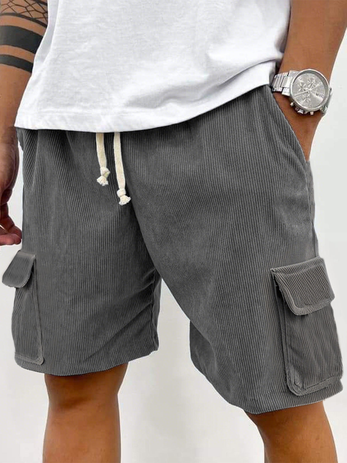Men's Corduroy Stylish Multi-Pocket Lace Up Utility Casual Cargo Shorts