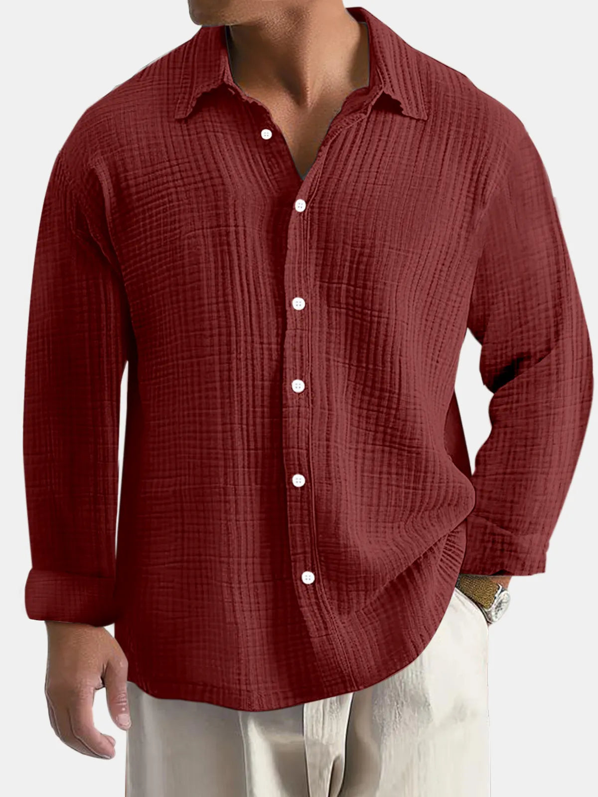 Men's Everyday Solid Color Pleated Textured Comfort Long Sleeve Shirt