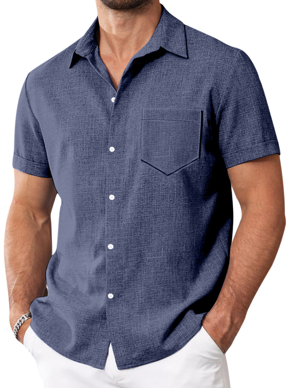 Men's Simple Solid Color Imitation Linen Lapel Button-down Short-sleeved Shirt
