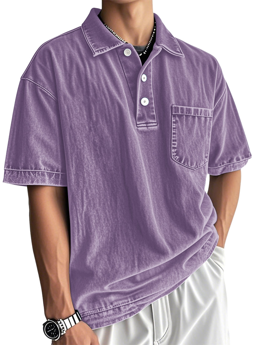 Men's Washed And Distressed Cotton Vintage Casual Polo Shirt