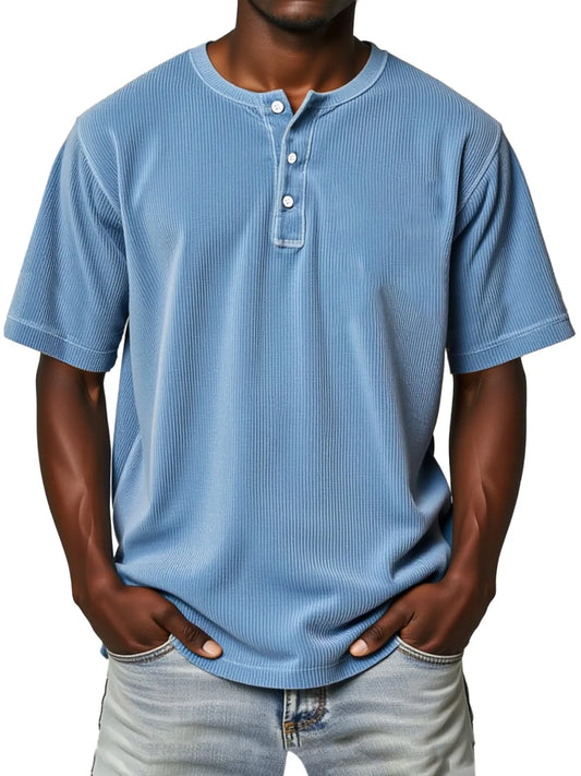 Men's Everyday Retro Vertical Stripe Solid Color Comfortable Short Sleeve Henley Shirt