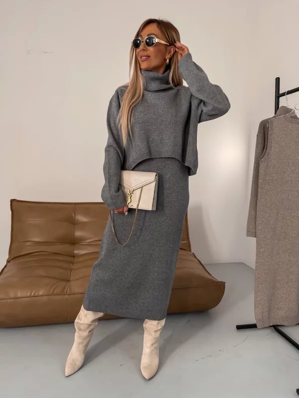 💥Midi Dress and Turtle Neck Sweater Set