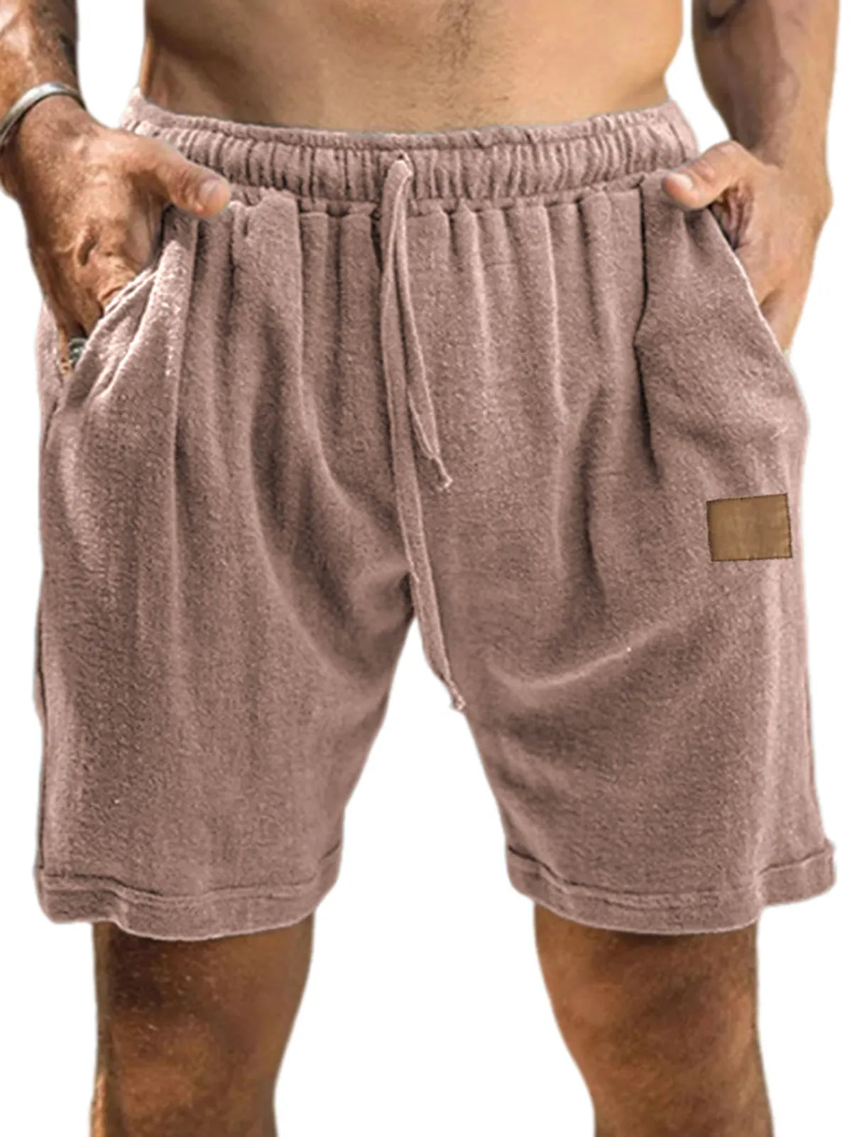 Men's Textured Comfort Embroidered Logo Holiday Casual Lace-Up Shorts with Side Pockets