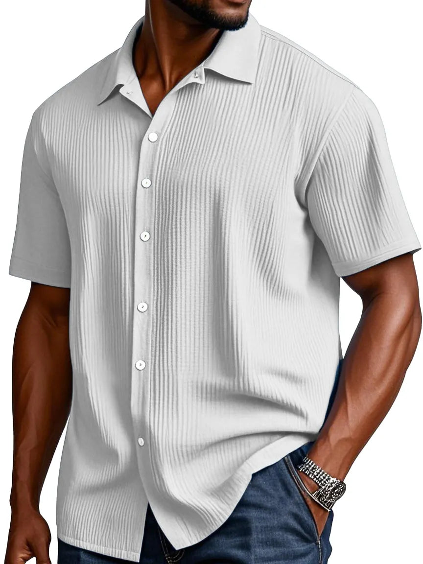 Men's Comfortable Solid Color Texture Short Sleeve Button Shirt