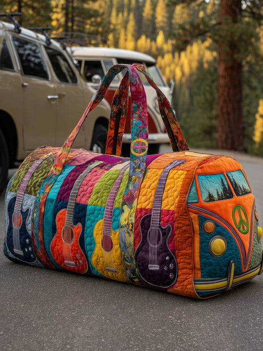 Hippie Van Guitar Mushroom Quilted Duffle Bag