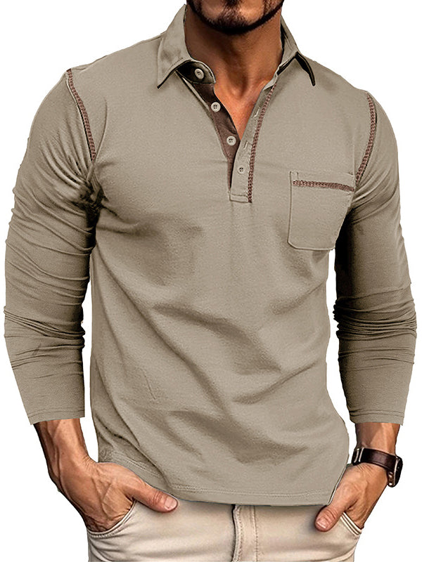 Men's Casual Cotton Lapel Pocket Long Sleeve Polo Shirt