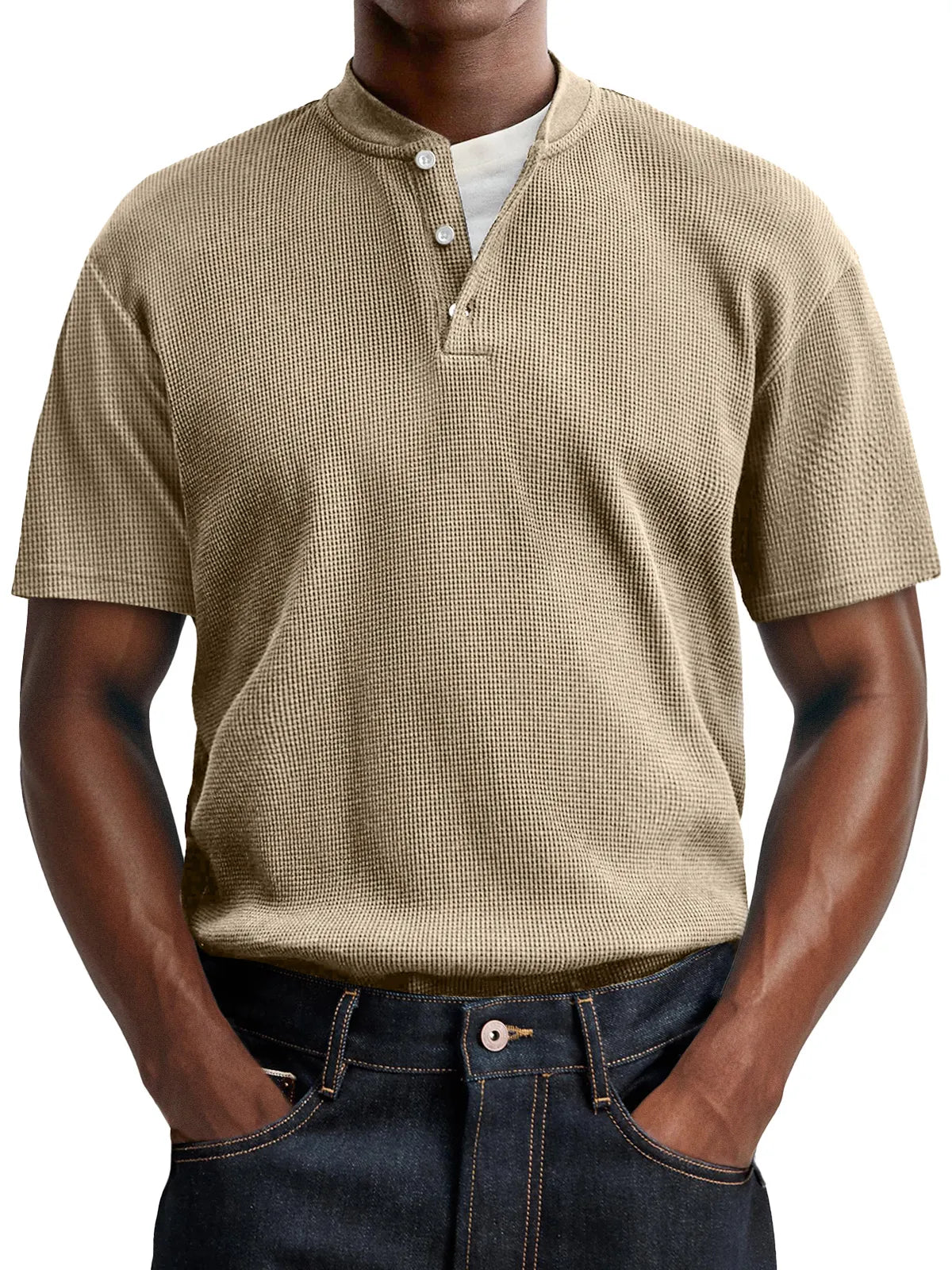 Men's Waffle Casual Button Up Comfort Short Sleeve Henley