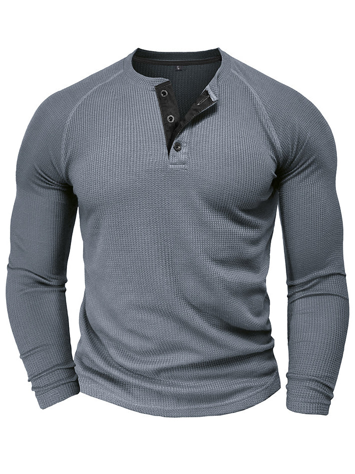 Men's Waffle Henley Collar Textured Long-sleeved Top