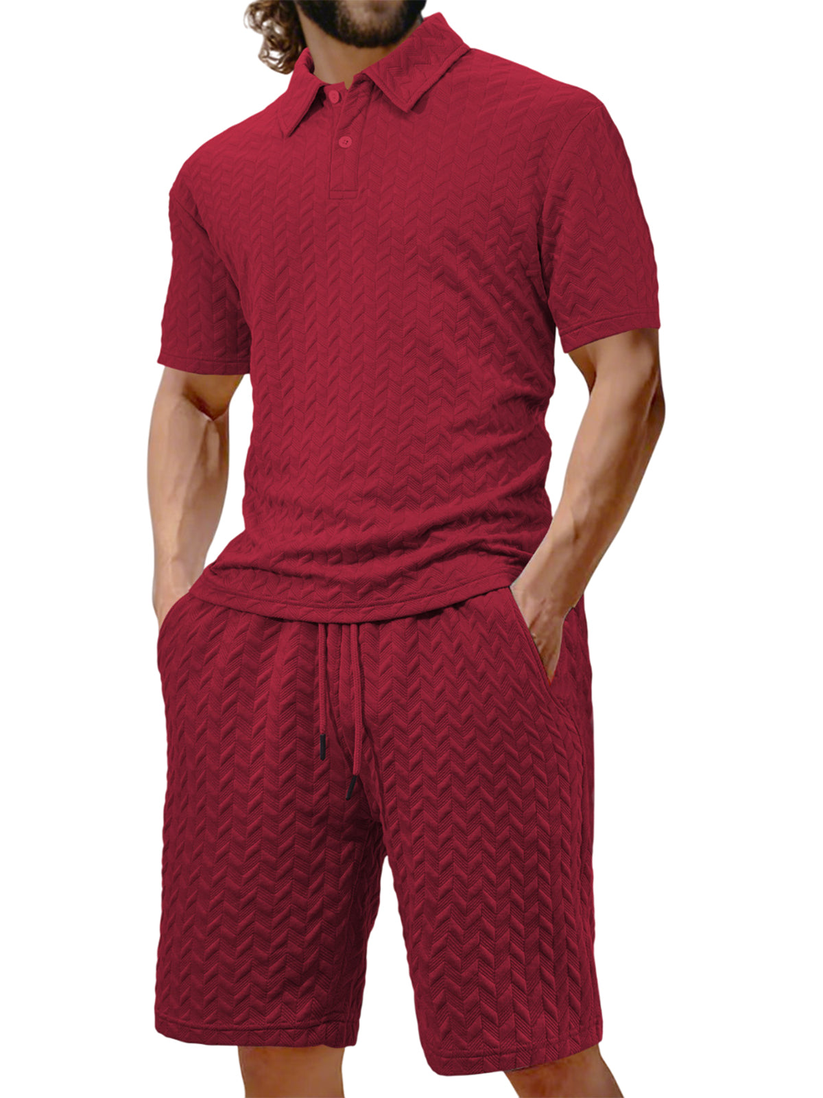 Men's Jacquard Texture Holiday Casual Polo Shirt Lapel Short-sleeved Shorts Suit