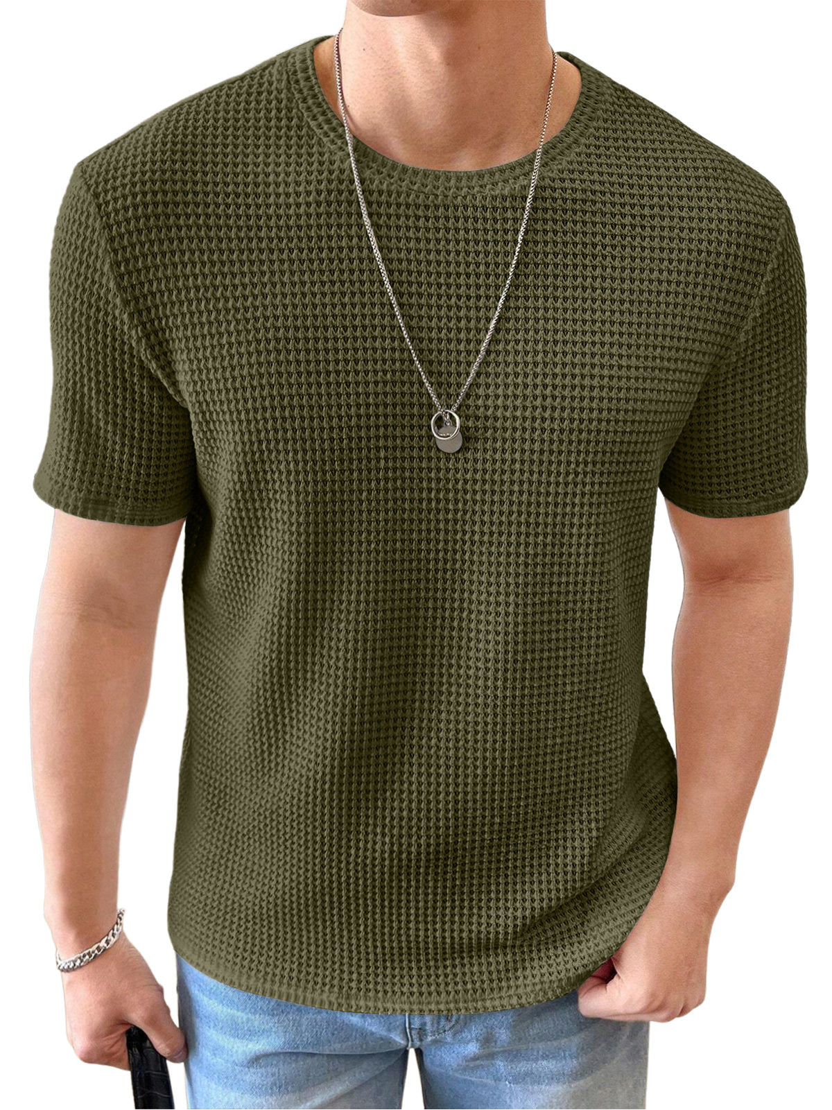 Men's Knitted Waffle Quality Casual Round Neck Short-sleeved T-shirt