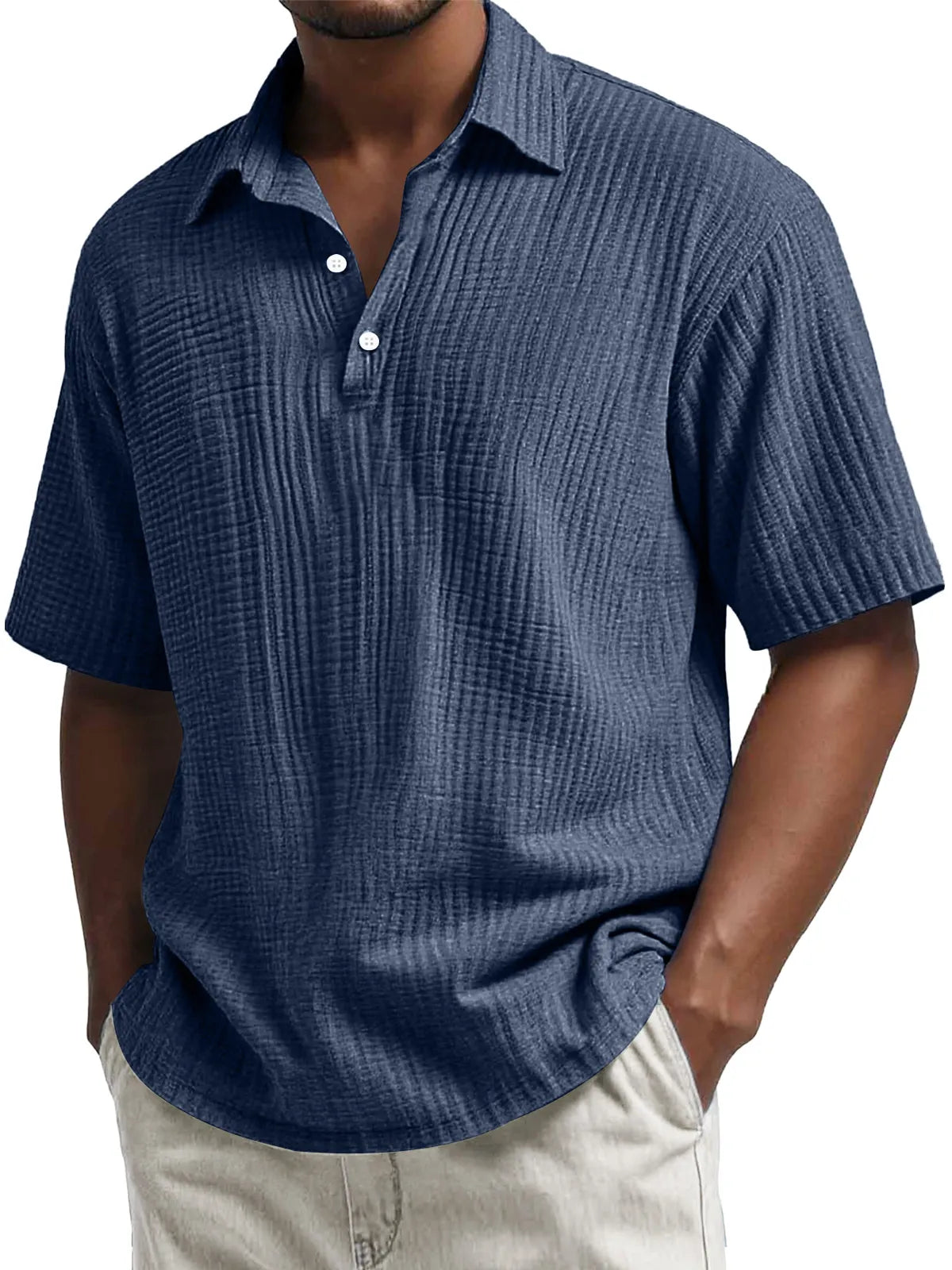 Men's Daily Pleated Texture Lapel Button Casual Short Sleeve POLO Shirt