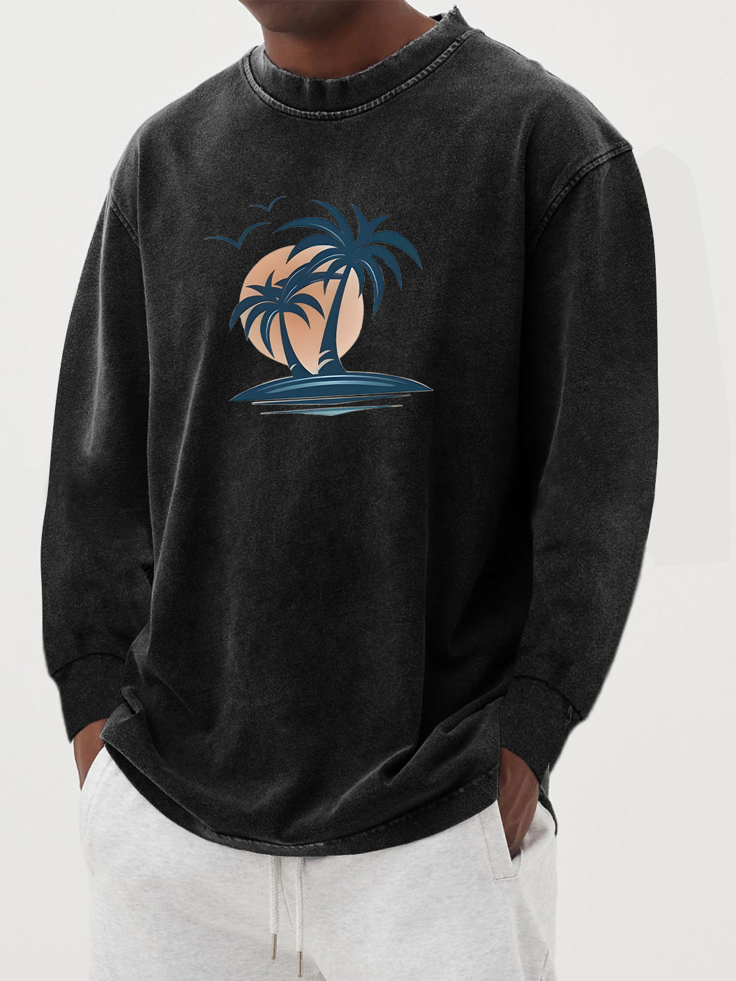 Men's Washed And Distressed 100% Palm Tree Print Long-sleeved T-shirt