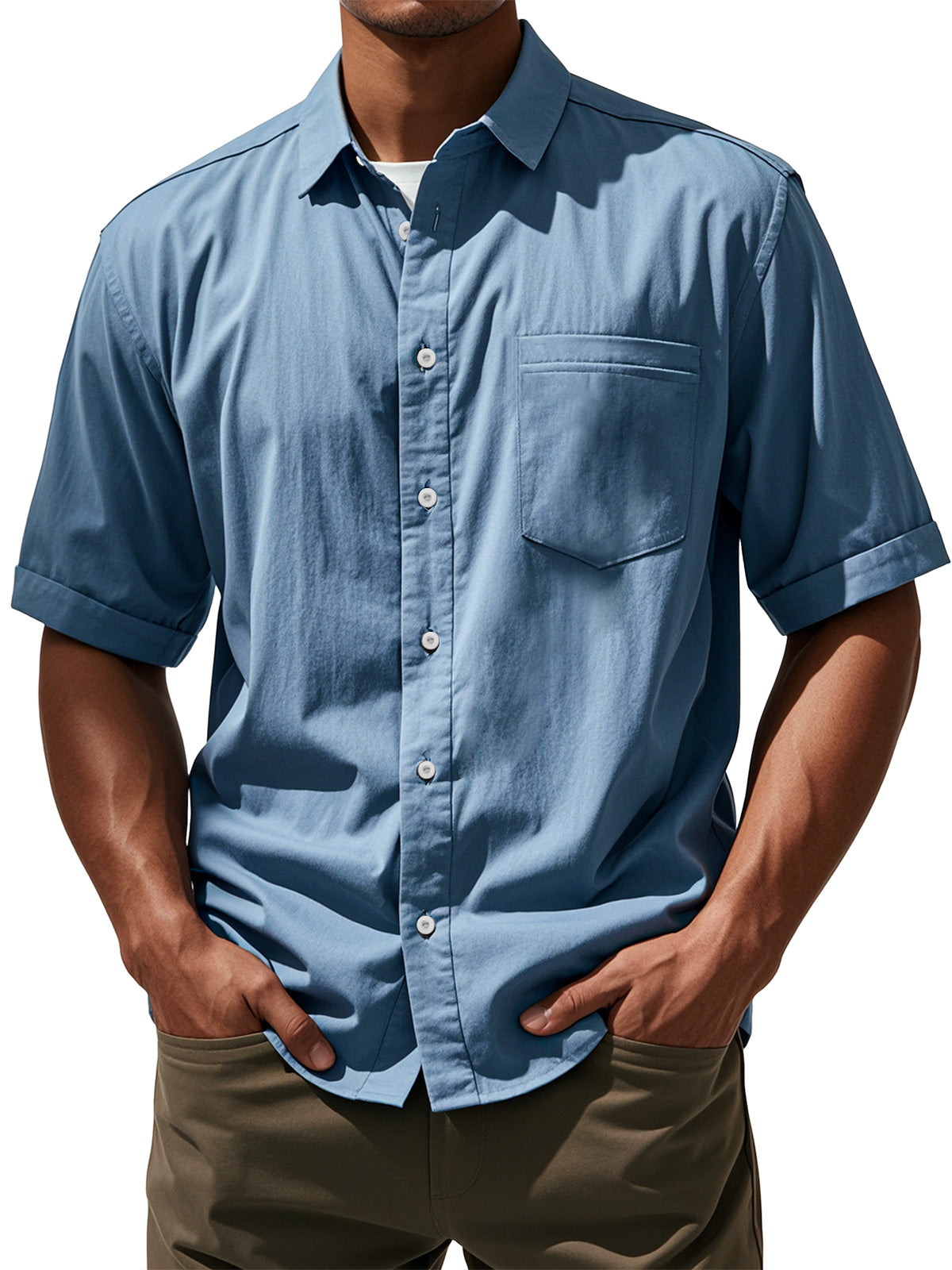 Men's Daily Casual Pocket Solid Color Comfortable Short Sleeve Shirt