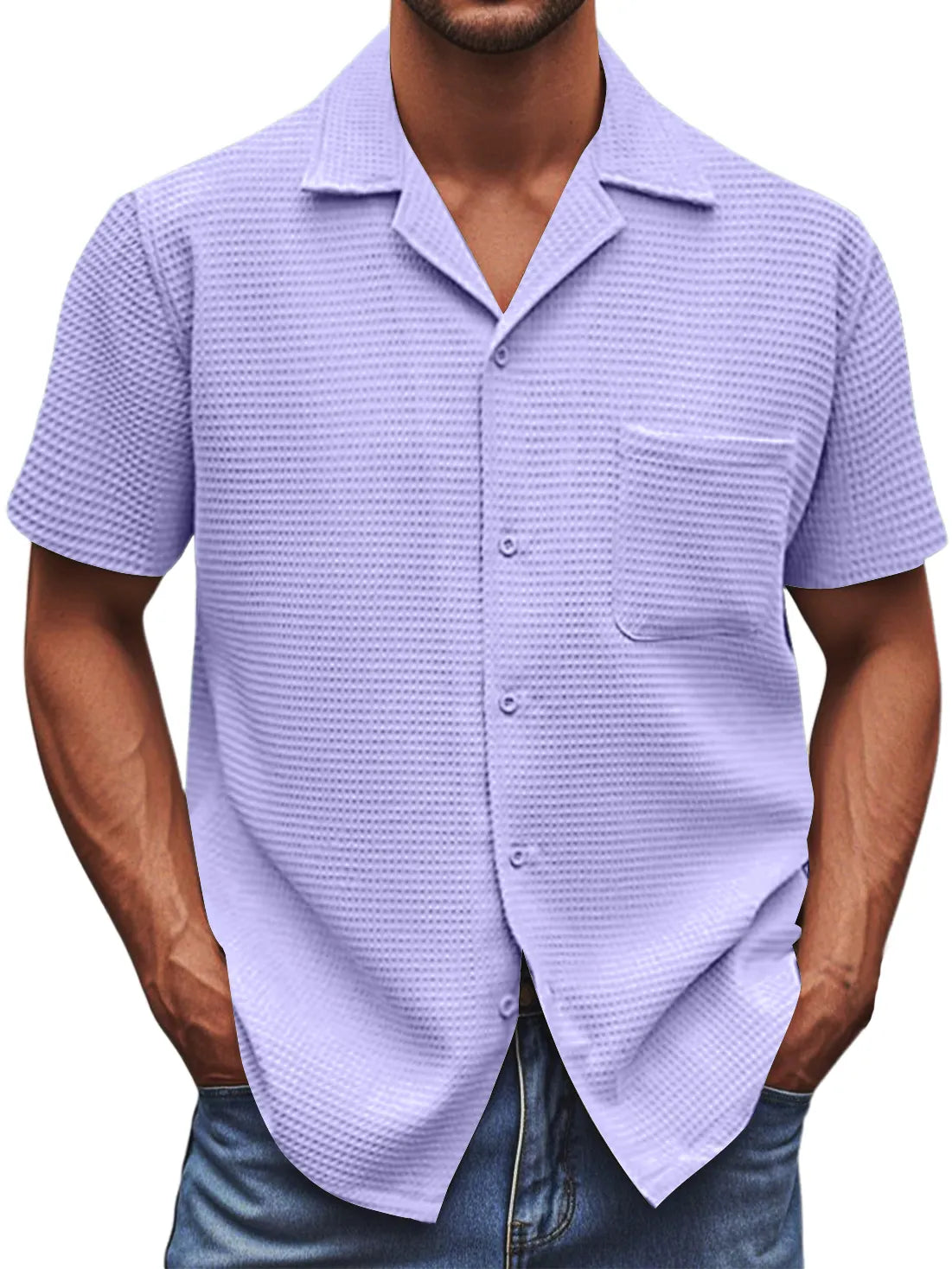 Men's Cuban Collar Waffle Texture Basic Soft And Comfortable Daily Casual Pocket Short-sleeved Shirt
