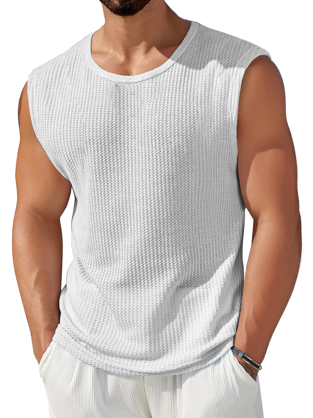Men's Daily Waffle Round Neck Casual Solid Color Sleeveless Vest