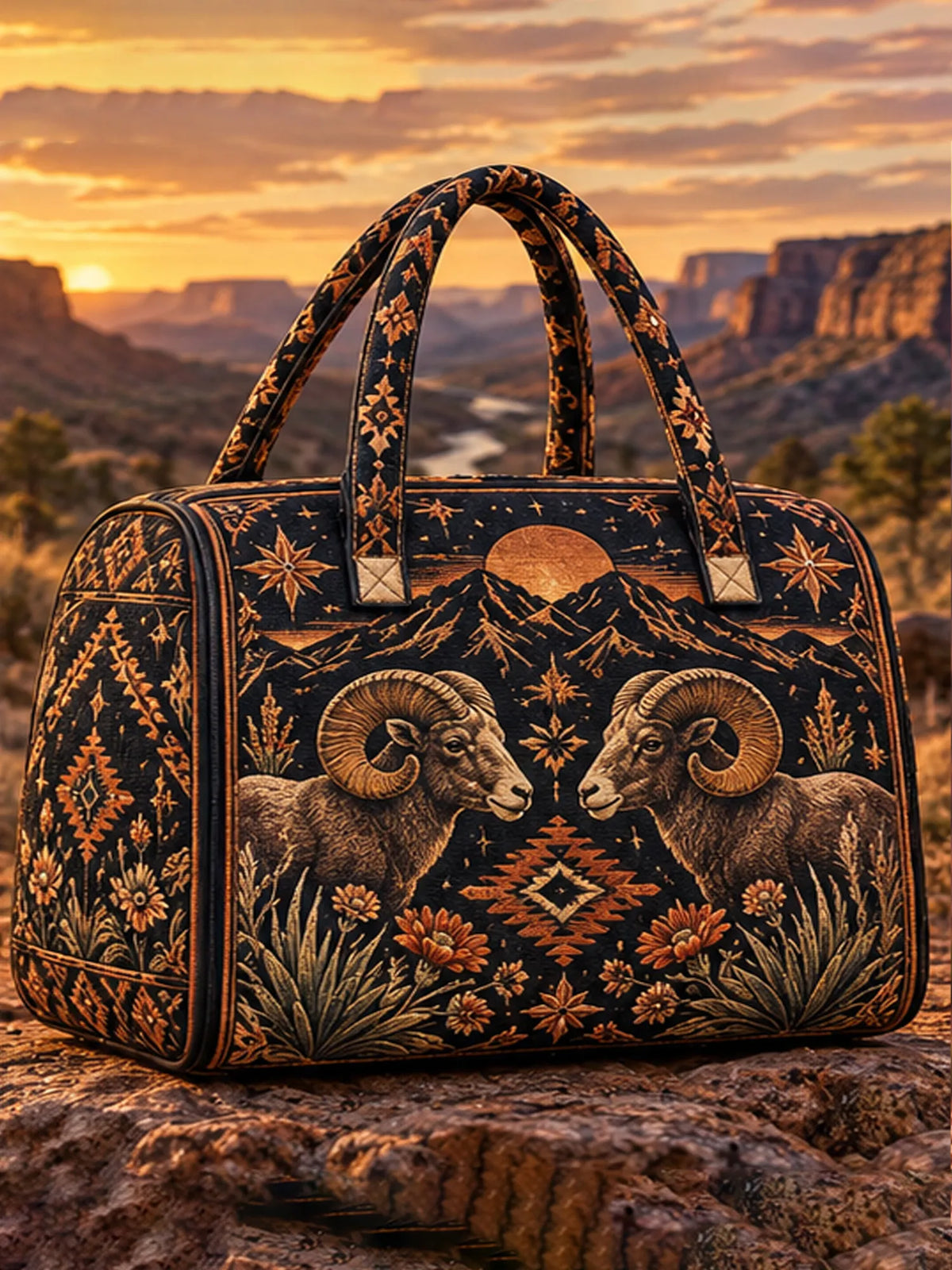 Western Bighorn Sheep Mountain Sun Floral Quilted Duffle Bag