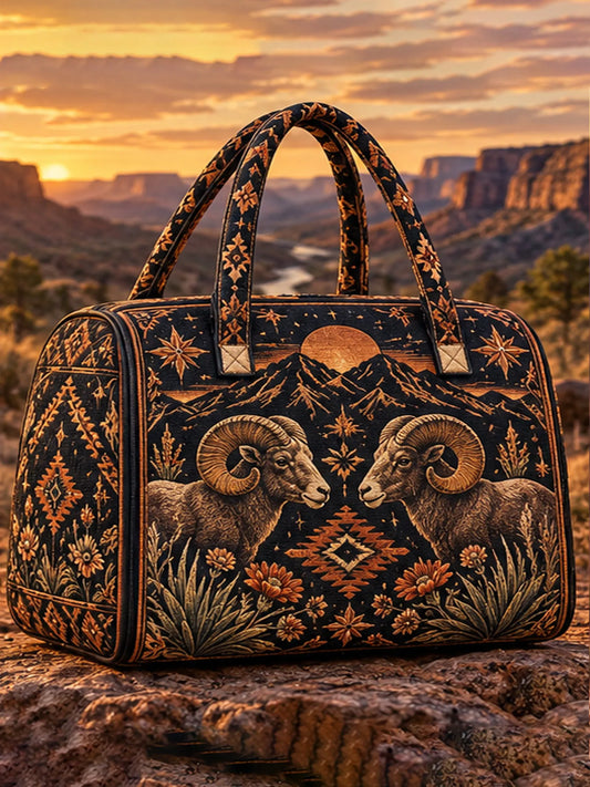 Western Bighorn Sheep Mountain Sun Floral Quilted Duffle Bag