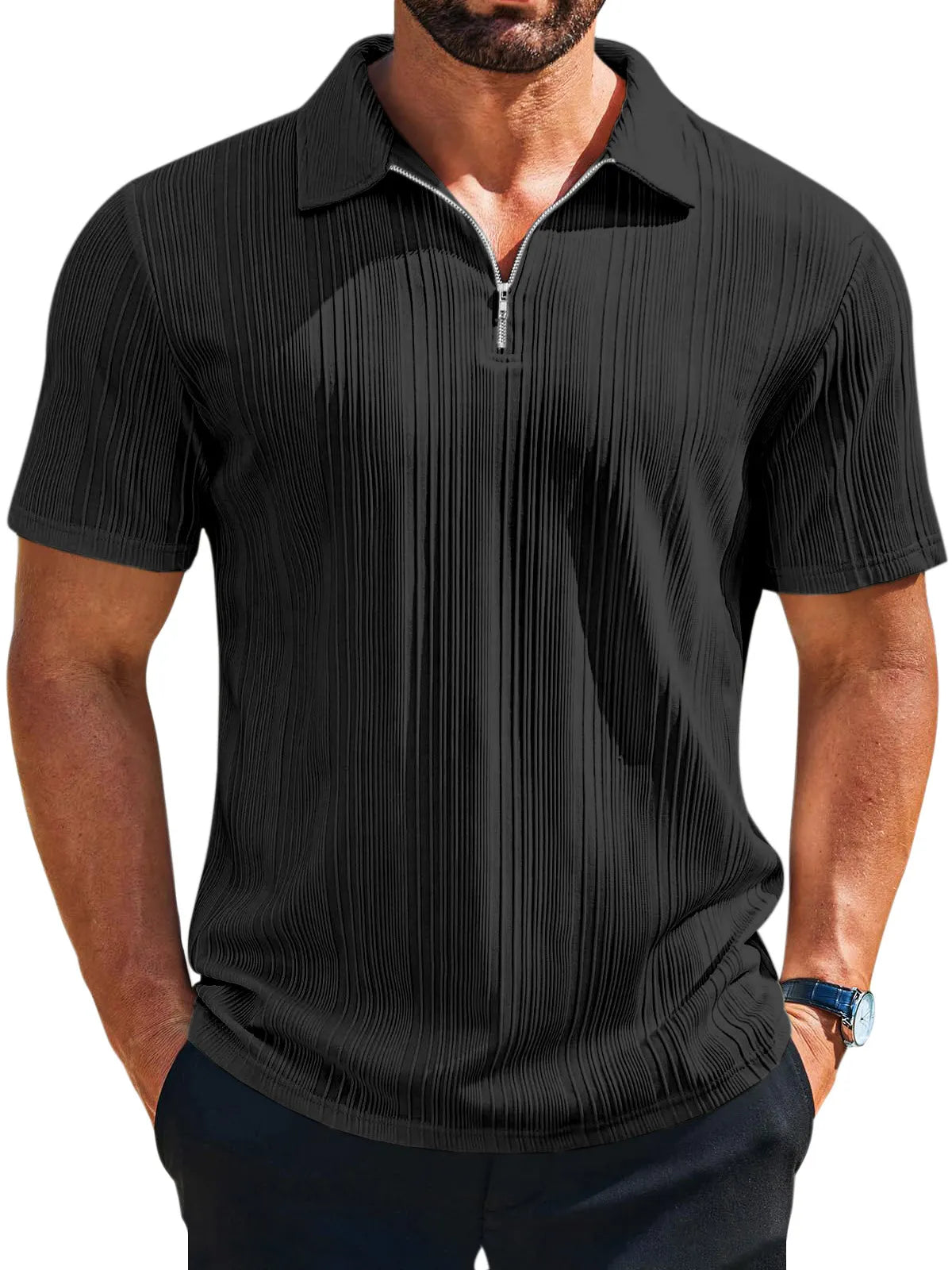 Men's casual loose solid color texture zipper short-sleeved POLO shirt