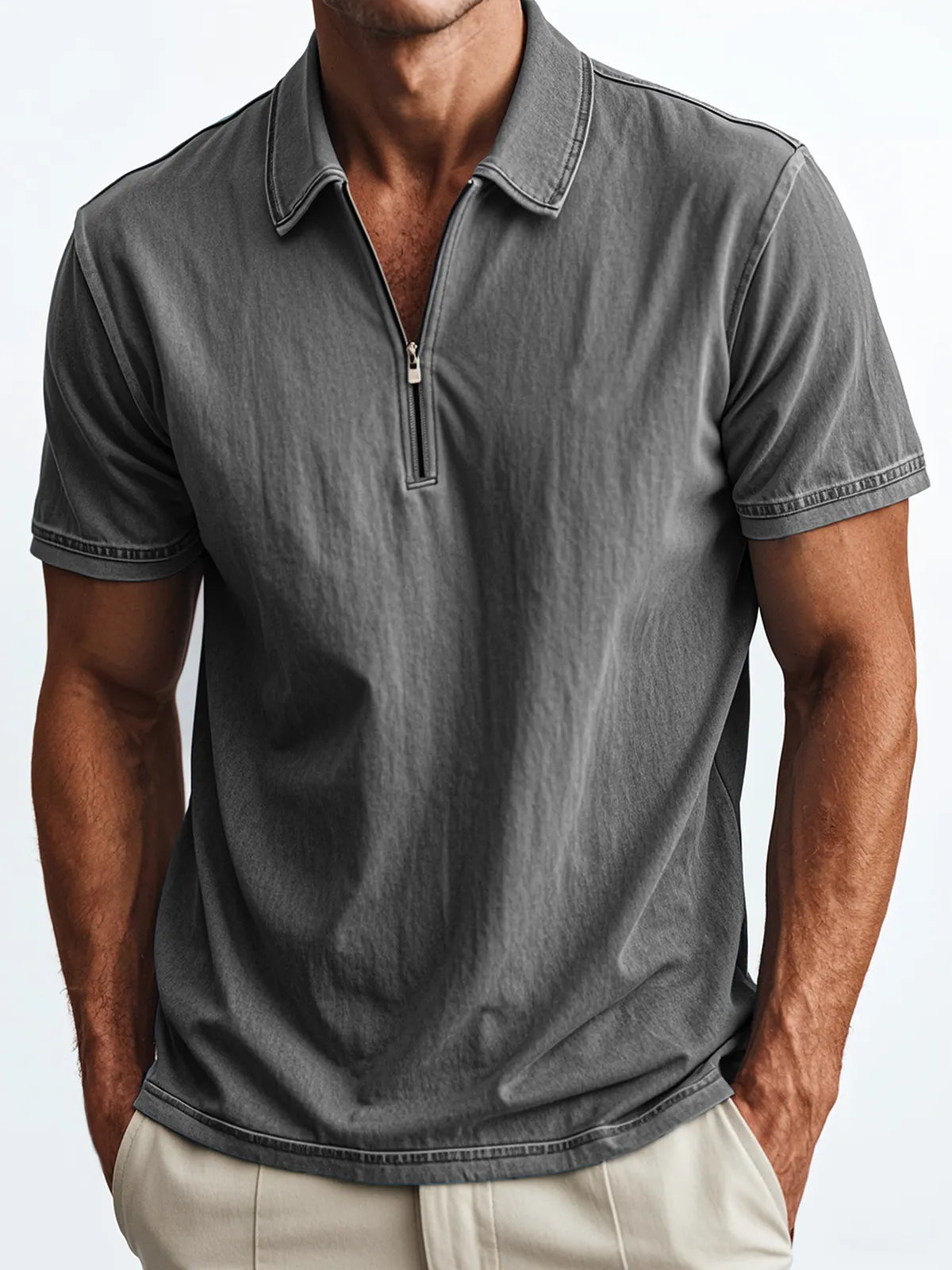 Men's Retro Quarter Zip Collar Casual Fit Polo Shirt