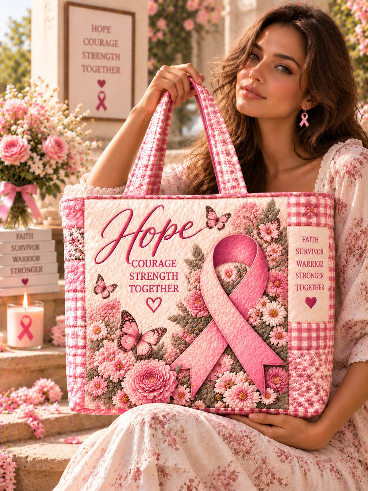 Hope Courage Strength Together Pink Ribbon Butterfly Patchwork Quilted Tote Bag