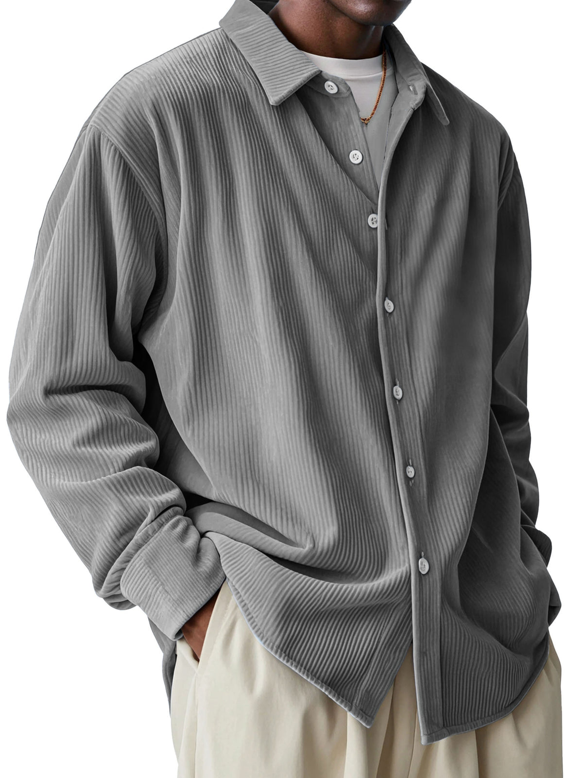Men's Fashionable Corduroy Pit Fabric Long Sleeve Lapel Shirt