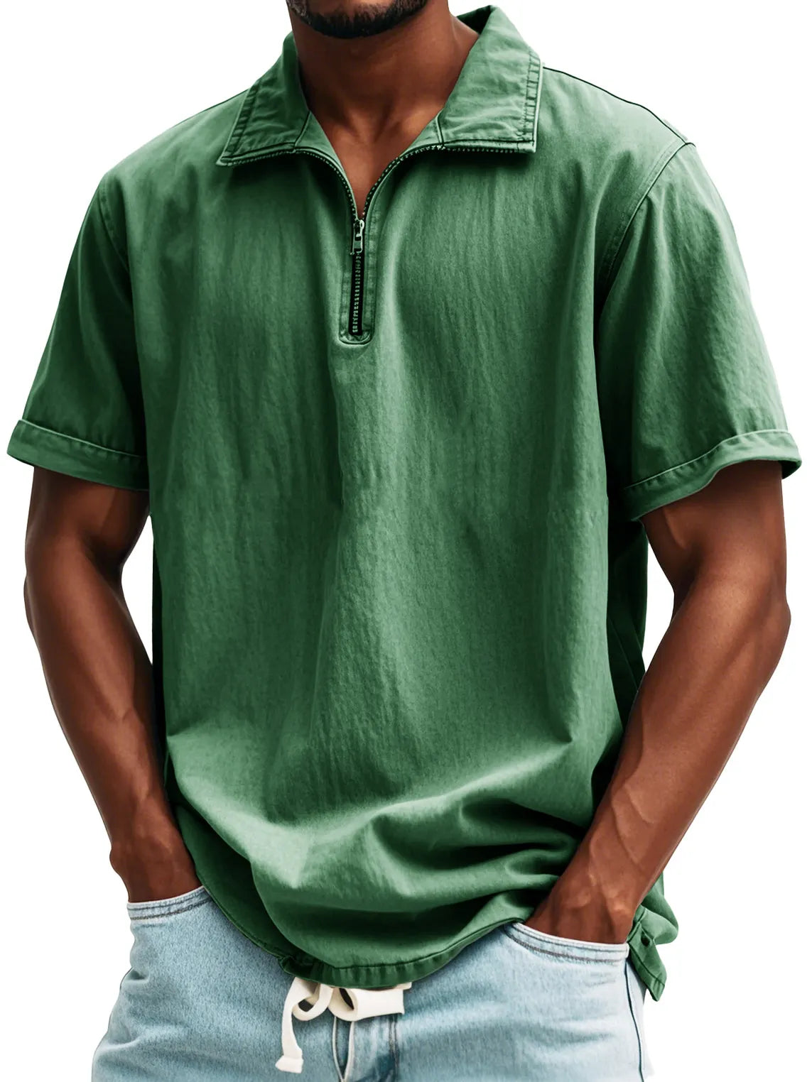 Men's Fashion Retro Zipper Stand Collar Short Sleeve Shirt