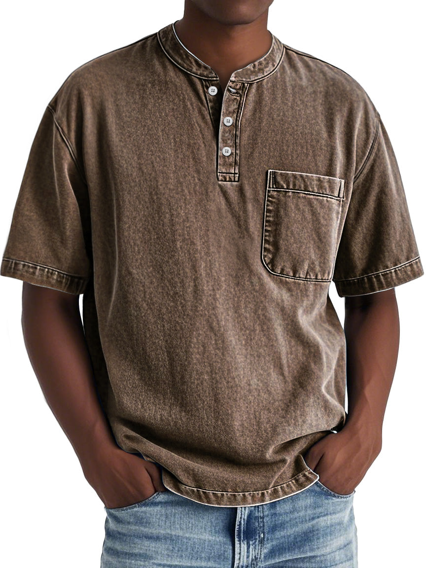 Men's Vintage Distressed Stand Collar Pocket Casual Short Sleeve Henley Shirt