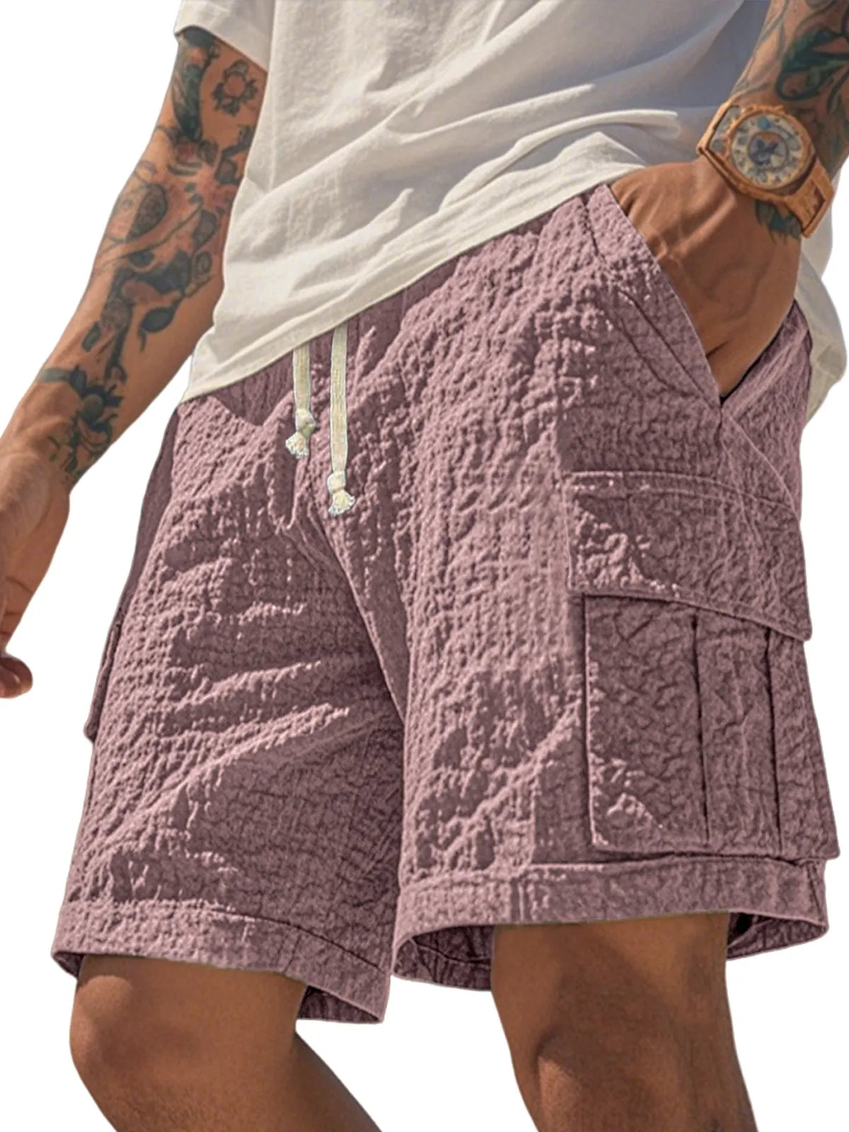 Men's Comfortable Seersucker Pleated Multi-Pocket Cargo Shorts Textured Casual Loose Casual Shorts