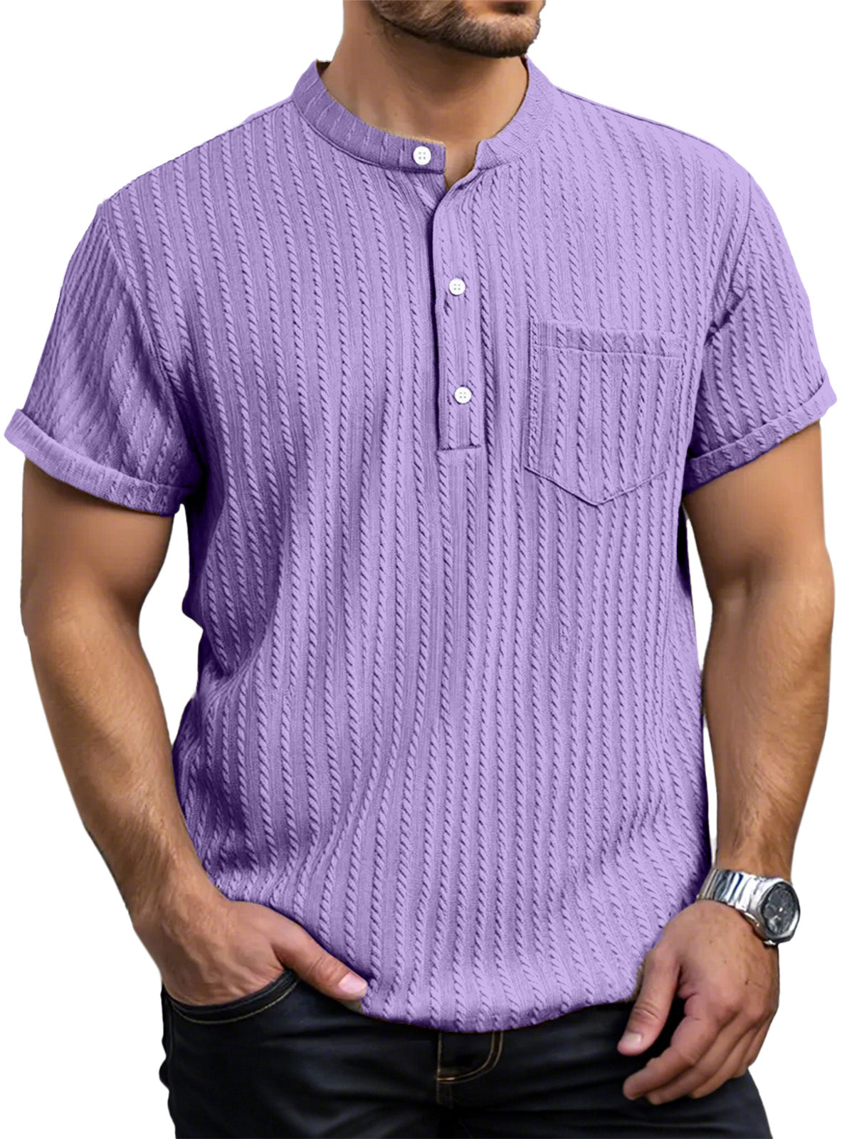 Men's Everyday Casual Short Sleeve Textured Button Henley Shirt