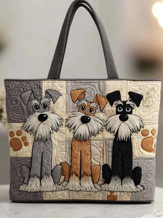 Playful Schnauzer Trio Quilted Tote Bag