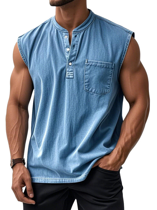 Men's Retro Solid Color Simple Sleeveless Henley Shirt