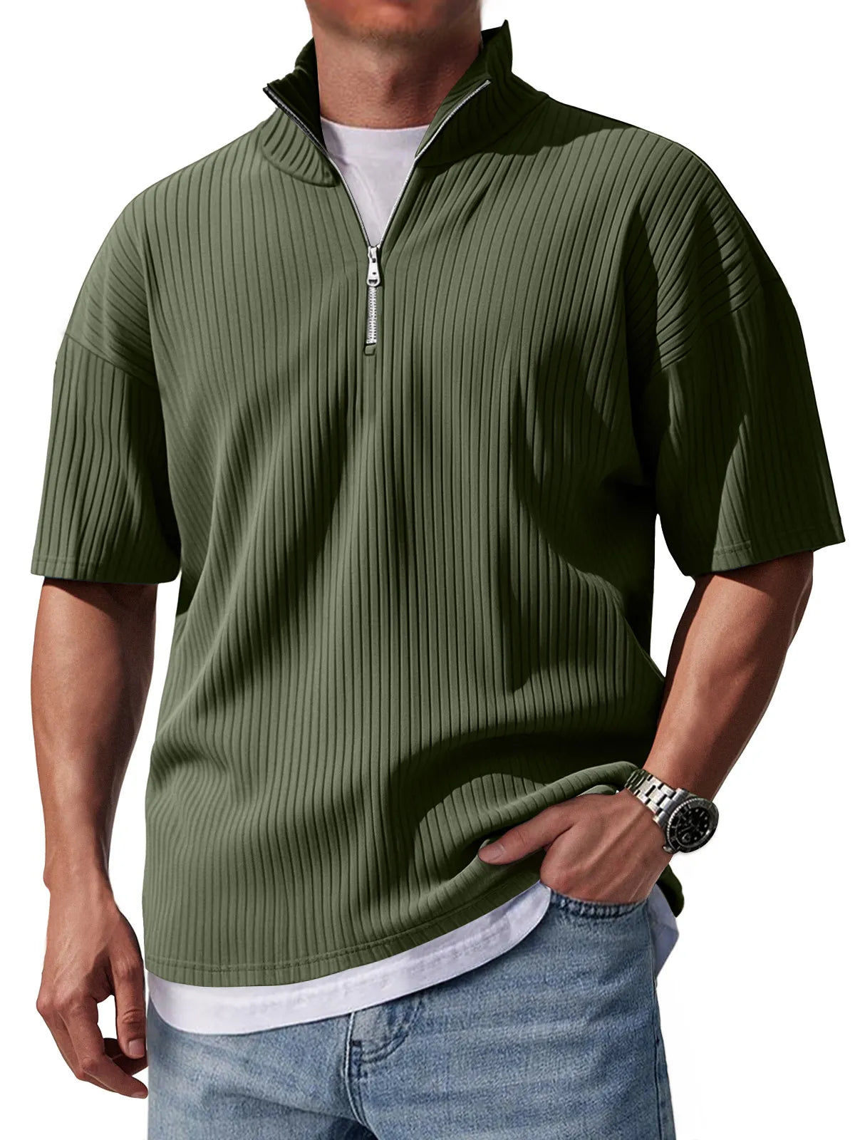 Men's Stand Collar Zipper Pit Casual Solid Color Short-sleeved T-shirt