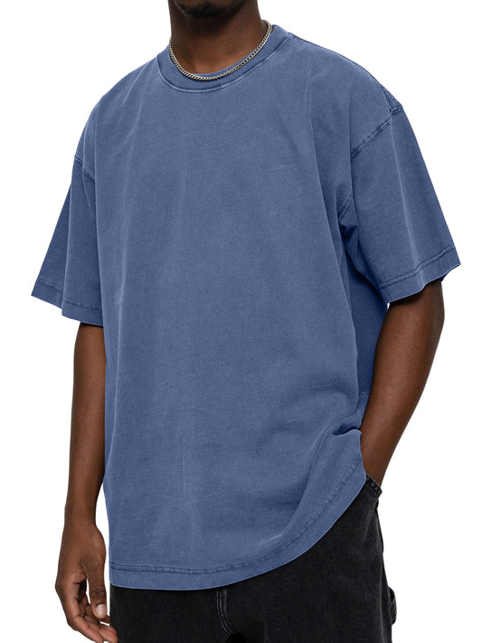 Men's 100% Cotton Vintage Washed Water Distressed Casual Round Neck T-shirt