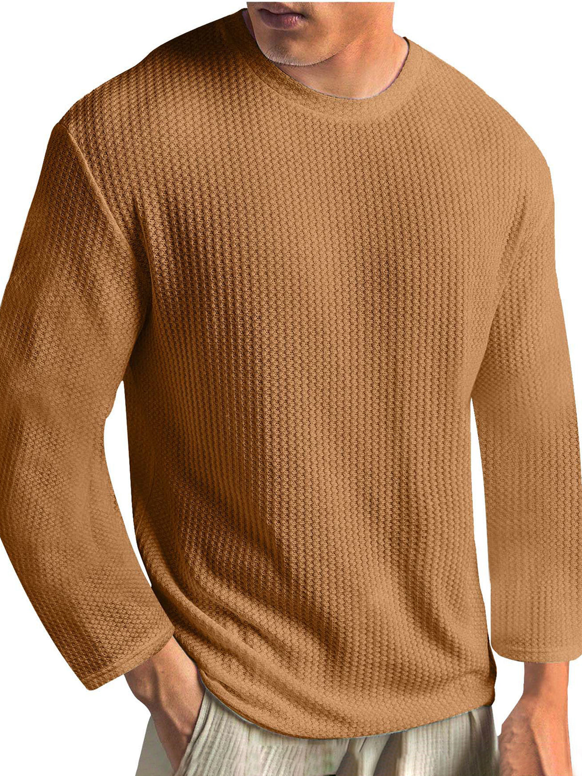Men's Knitted Waffle Fabric Solid Color Basic Casual Base Outer Wear Long-sleeved T-shirt