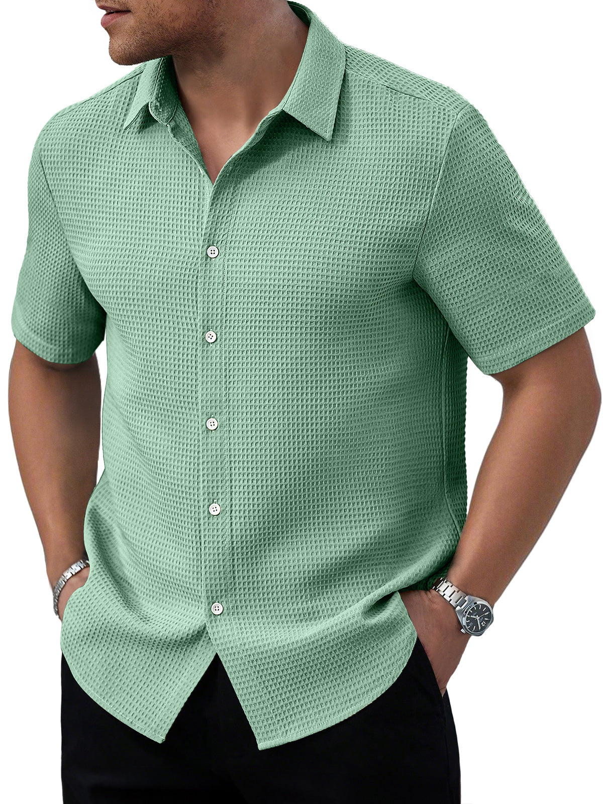 Men's Waffle Daily Casual Comfort Solid Color Short Sleeve Shirt
