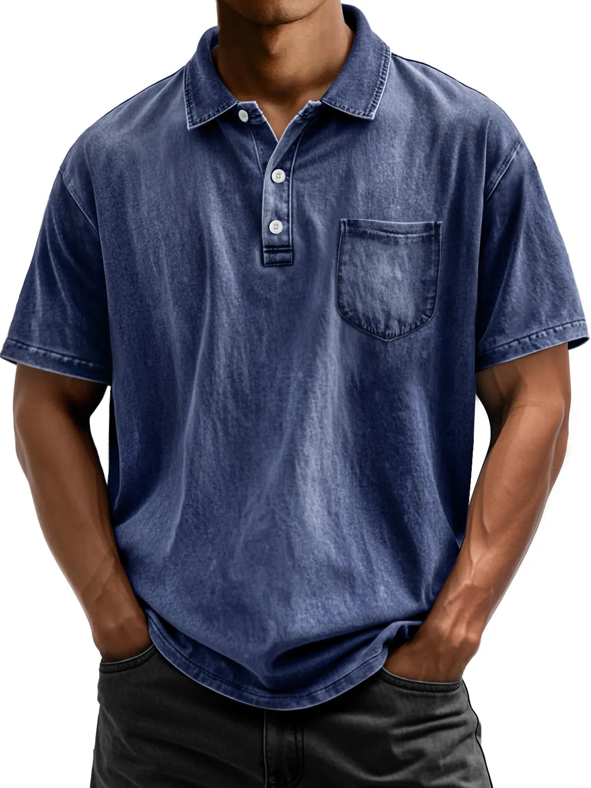 Men's Vintage Cotton Washed Distressed Lapel Pocket Short Sleeve POLO Shirt