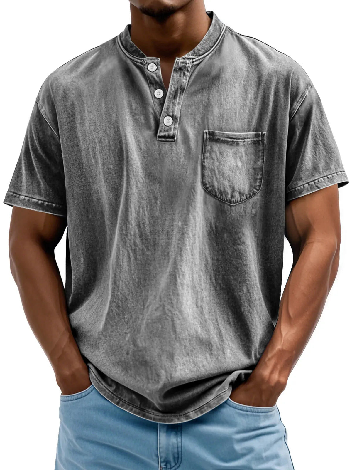Men's Retro Stand Collar Pocket Casual Solid Color Short Sleeve Henley Shirt
