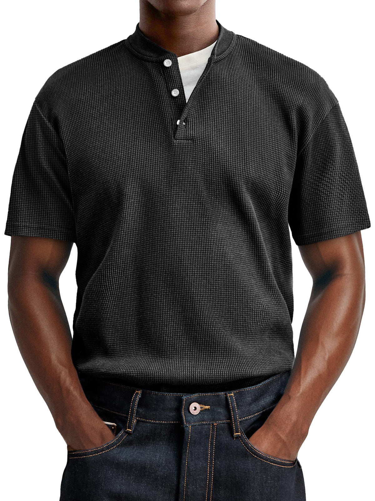 Men's Waffle Casual Button Up Comfort Short Sleeve Henley