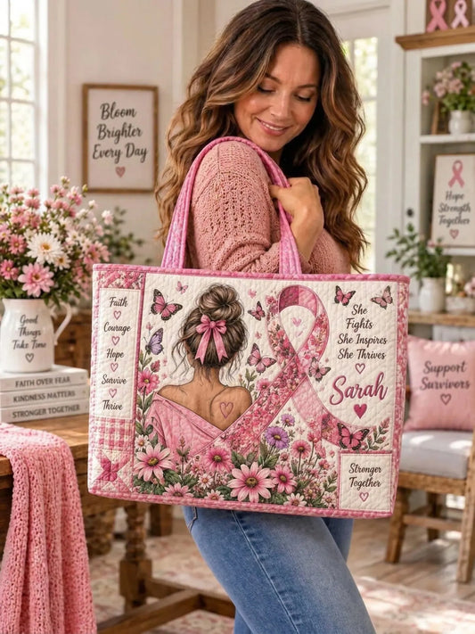 Pink Ribbon Butterfly Lady Floral Patchwork Quilted Tote Bag