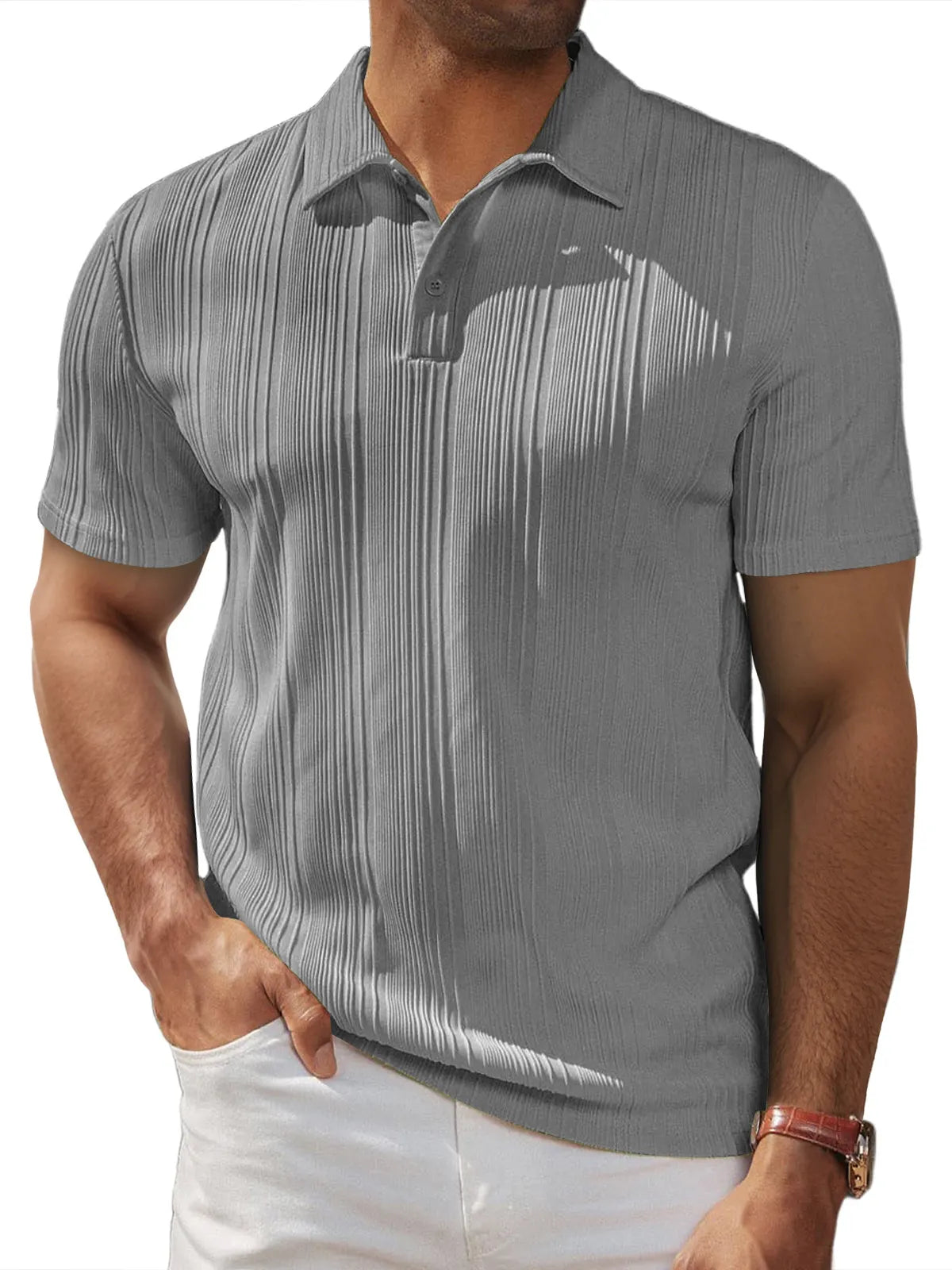 Men's Daily Casual Loose Textured Lapel Button Short-sleeved Polo Shirt
