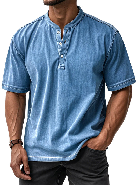 Men's Casual Solid Color Vintage Loose Short Sleeve Button-down Henley Shirt