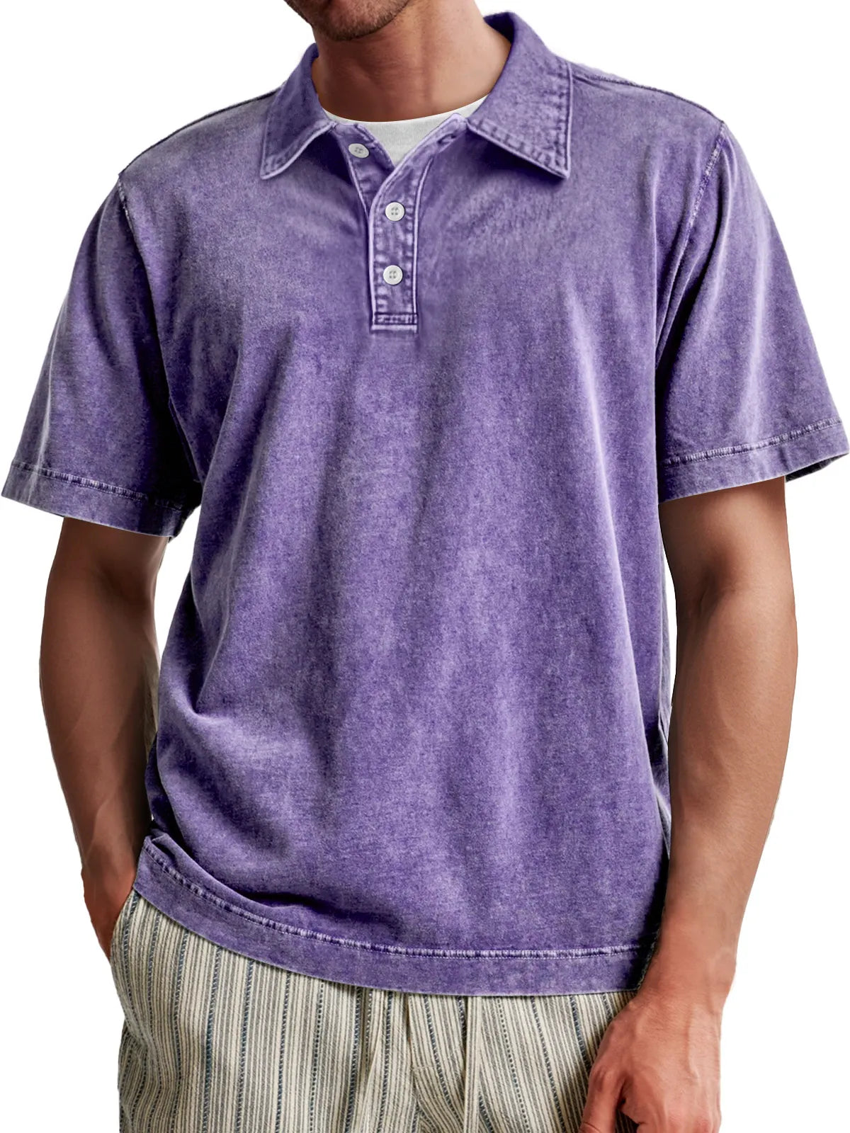 Men's Vintage Washed 100% Cotton Casual Lapel Button Short Sleeve POLO Shirt