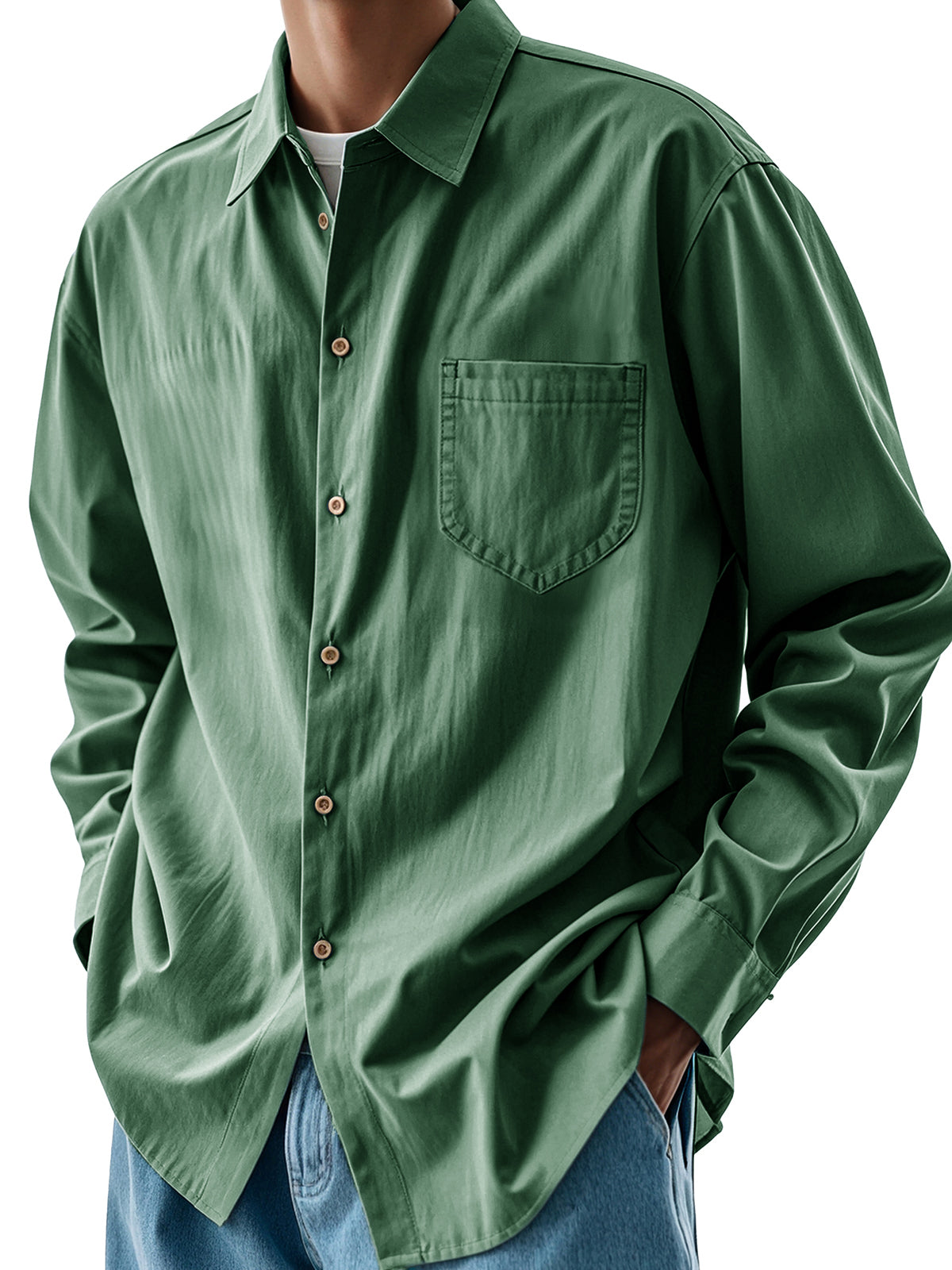 Men's Fashion Casual Pleated Fabric Pocket Lapel Long-sleeved Shirt