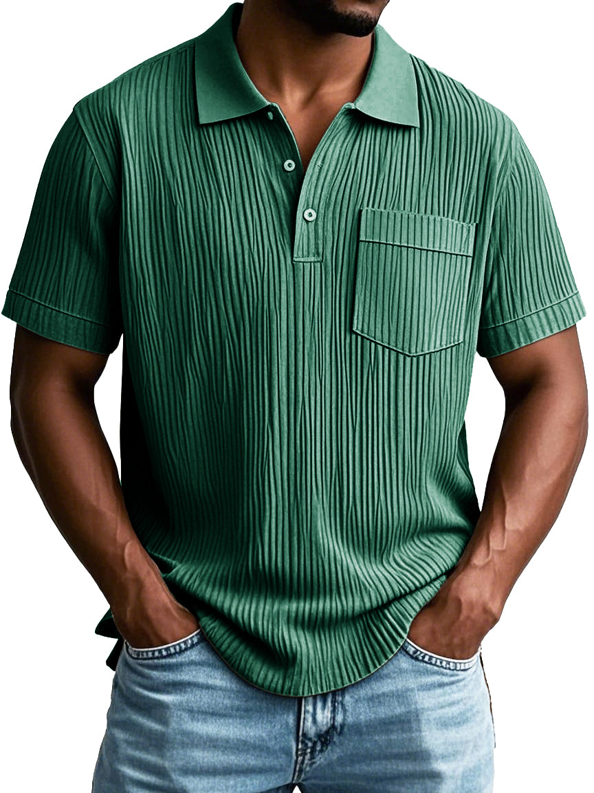 Men's Fashion Casual Striped Fabric Pocket Short Sleeve Lapel Polo Shirt