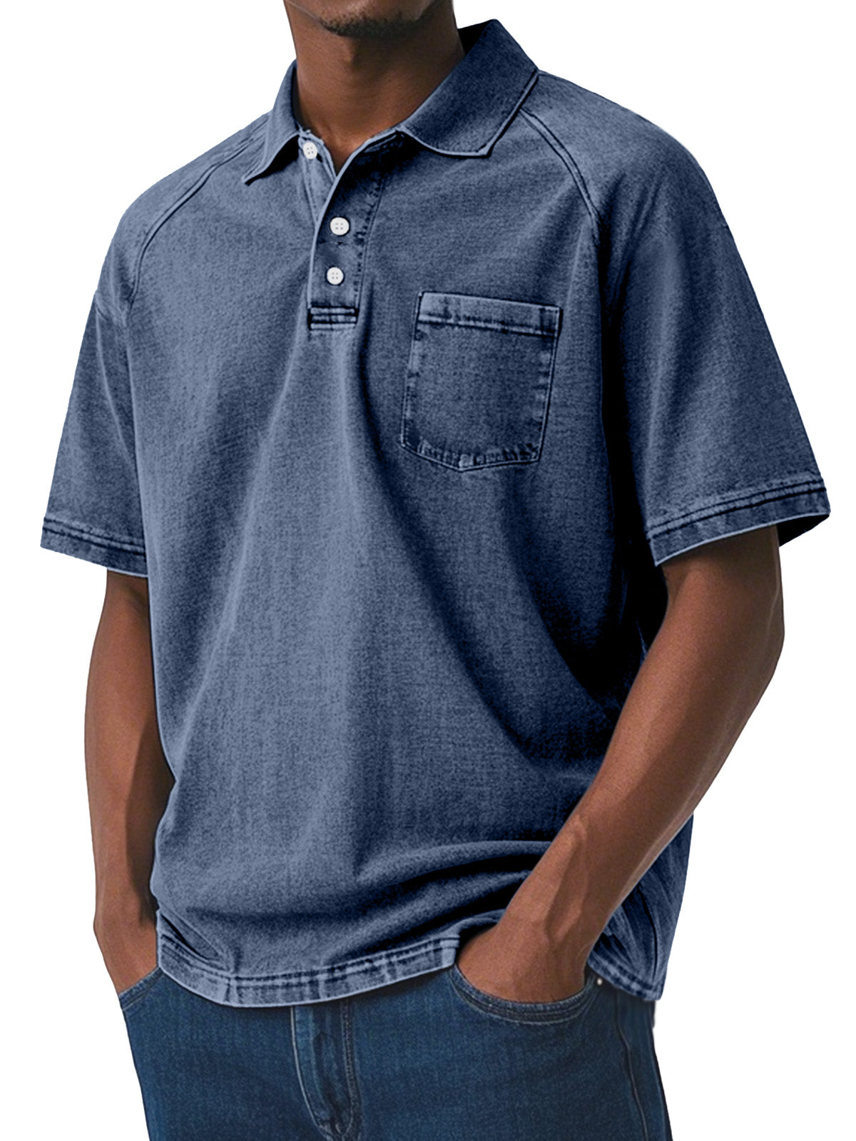 Men's Casual Retro Solid Color Comfortable Raglan Sleeve Lapel Polo Shirt