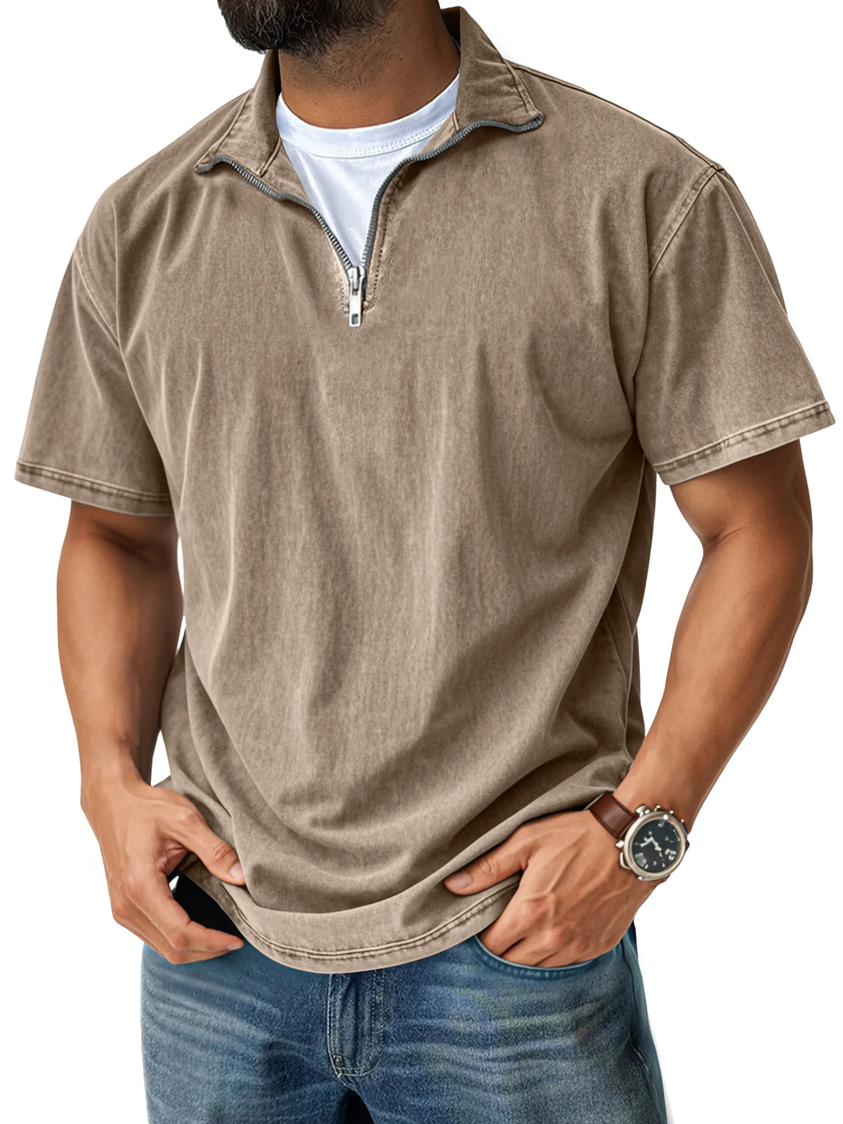 Men's Retro Casual Stand Collar Quarter-Zip Short Sleeve T-Shirt