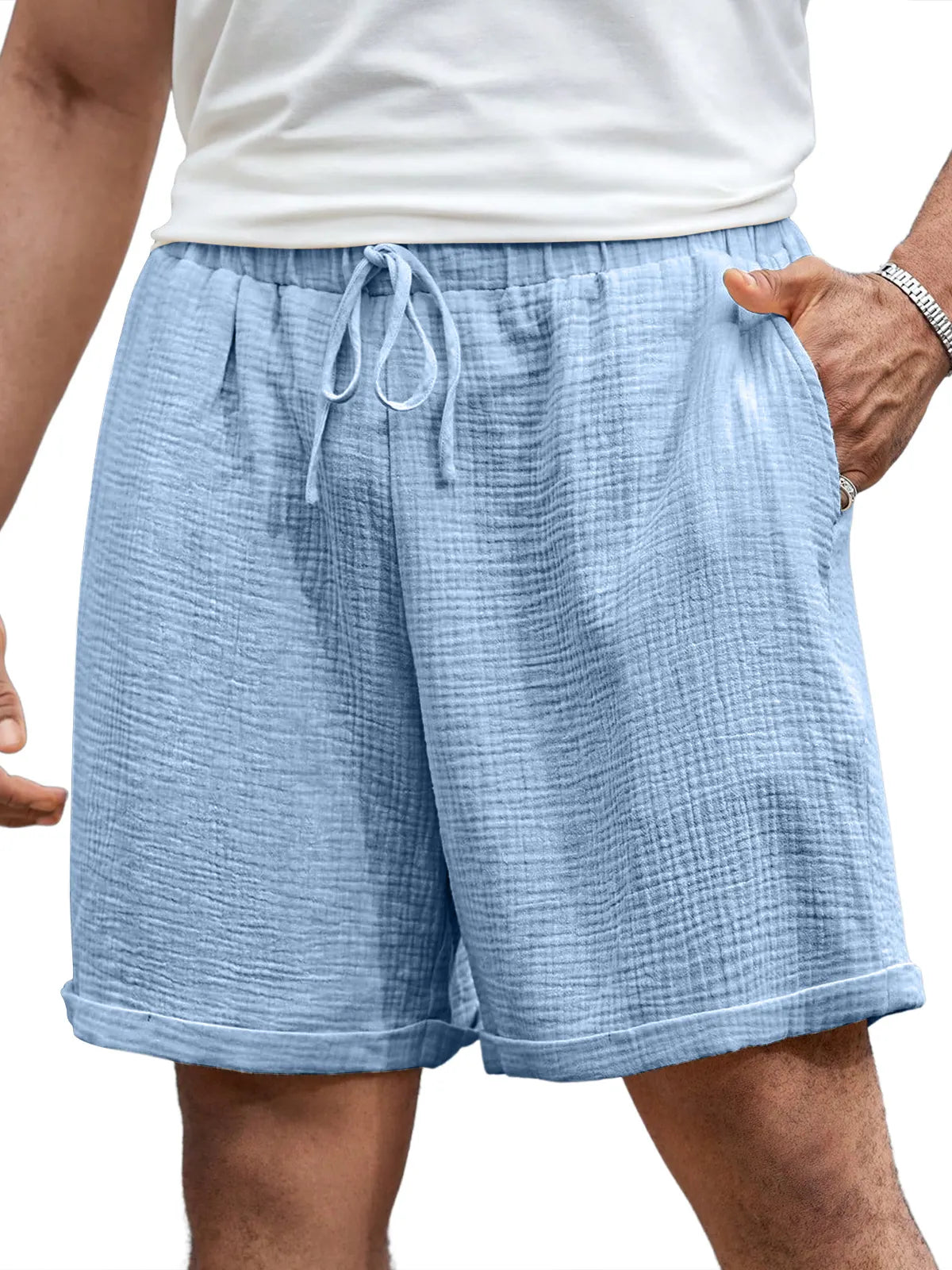 Men's Casual Pleated Elastic Waist Comfort Solid Color Shorts