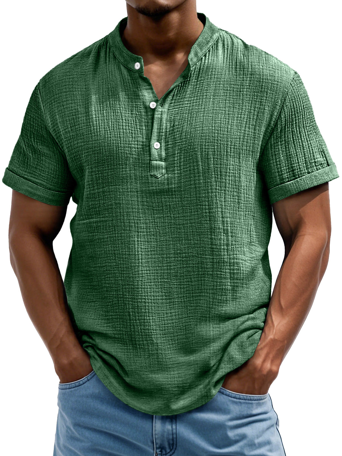 Men's Daily Casual Textured Half-Placket Henley Short Sleeve Shirt